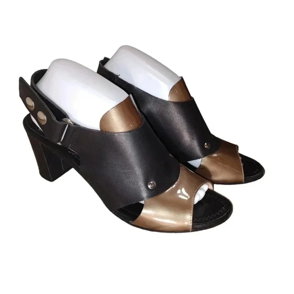 Anyi Lu Sling Back Sandals 9 40 Womens Black Tan Leather Handmade Chunky Heel